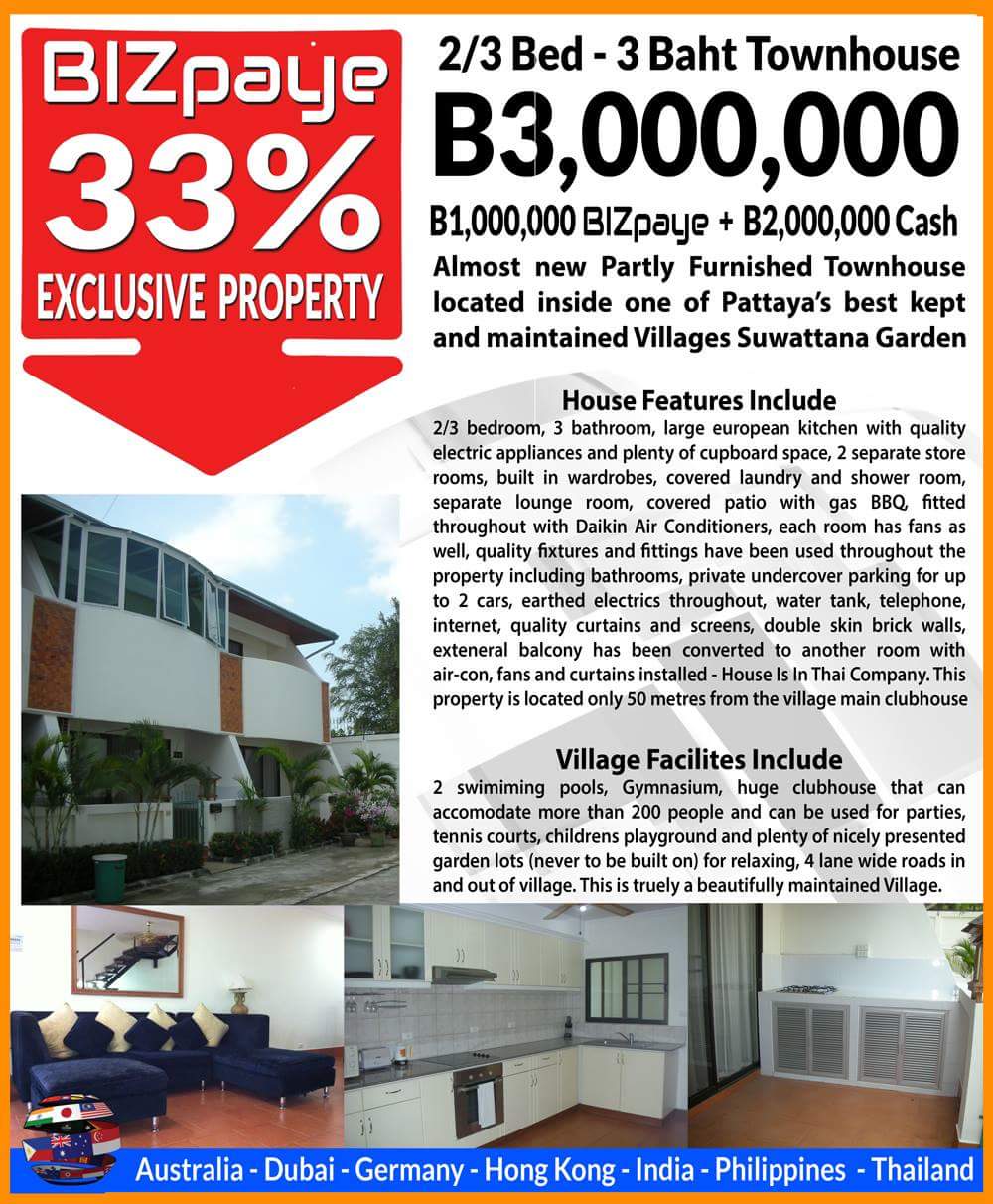 Beautiful Townhouse East Side Of Pattaya 30% BIZpaye