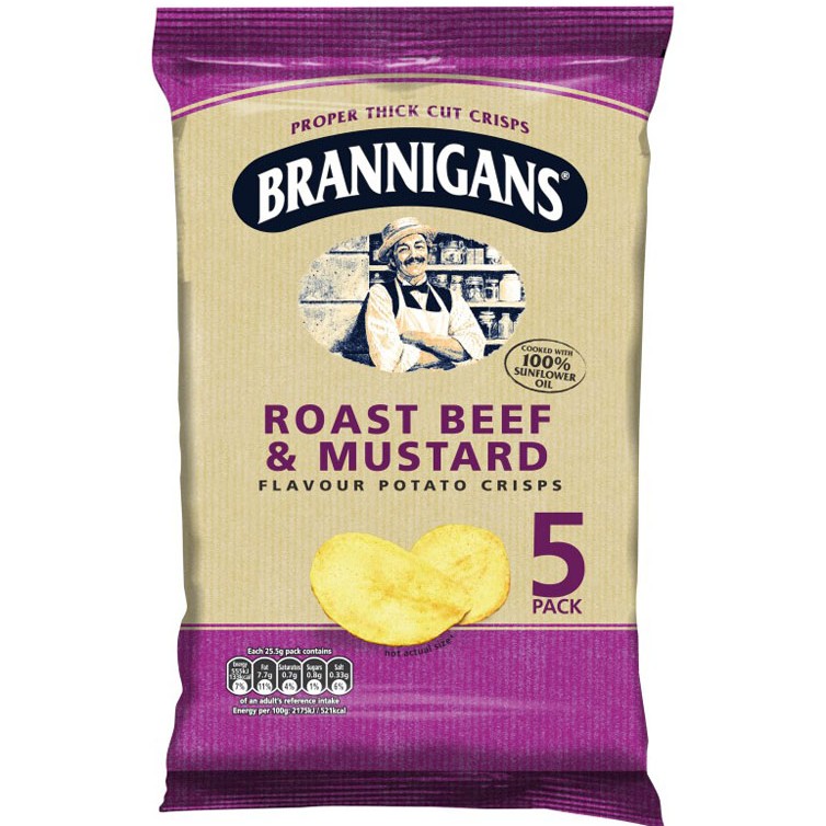 Brannigans Roast Beef & Mustard Crisps - 5 Pack